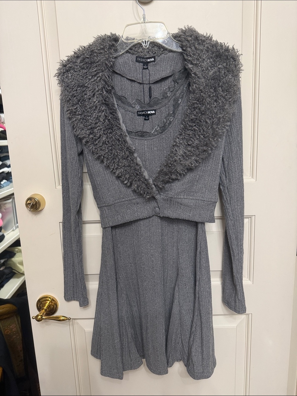 Fashion Nova Gray Ribbed Long-Sleeve Dress with Faux-Fur Trim